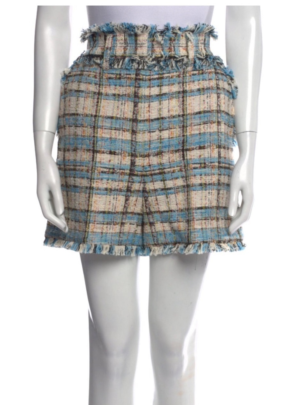 MSGM Blue and Cream Tweed Mini Skirt with Frayed Edges